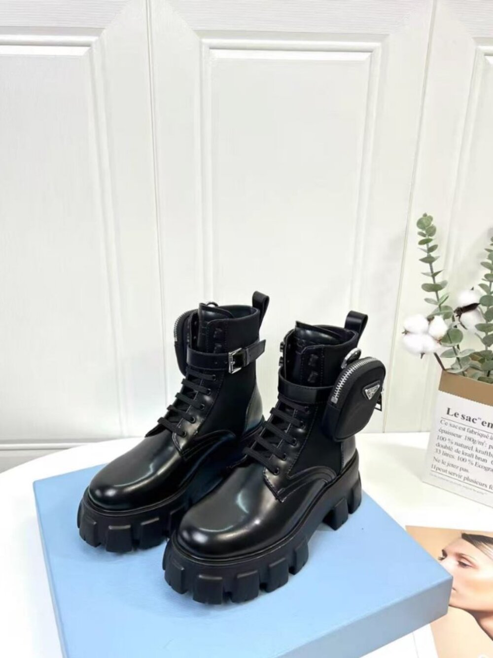 Prada Pocket Combat Boots Black Leather